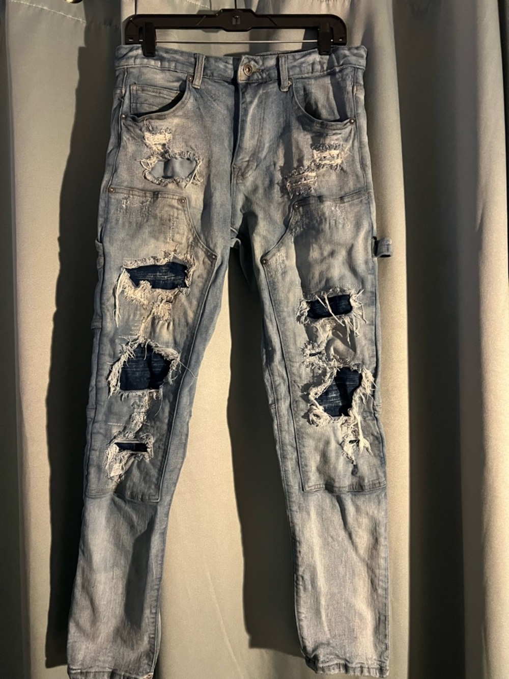 Light Blue Denim Distressed Skinny Jeans for Men 34x32